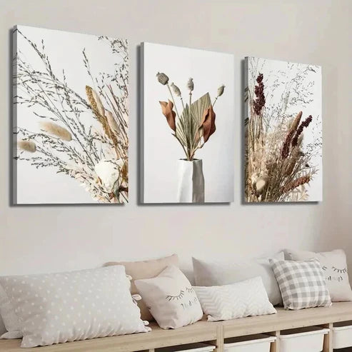 3pcs Flower Art in a Vase Dried Flowers Wall Art Set Canvas Unframed - High Quality Print 100% Australian Made Wall Canvas - Bella Home Decor