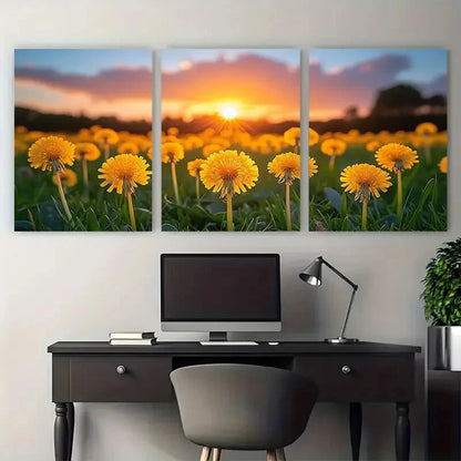 3pcs Yellow Dandelion Bulbs Evening Sunset Metal Print Ready to Hang Art - Bella Home Decor