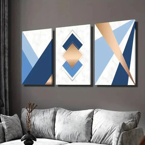 3pcs Blue Gold Geometric Abstract Design Wall Art Set Canvas Unframed - High Quality Print 100% Australian Made Wall Canvas - Bella Home Decor