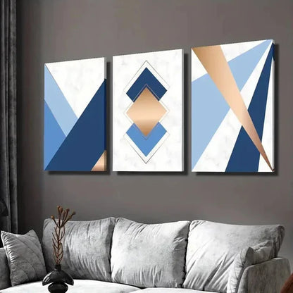 3pcs Blue Gold Geometric Abstract Design Wall Art Set Canvas Unframed - High Quality Print 100% Australian Made Wall Canvas - Bella Home Decor