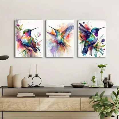 3pcs Watercolor Hummingbird & Flowers Wall Art Set Canvas Unframed - High Quality Print 100% Australian Made Wall Canvas