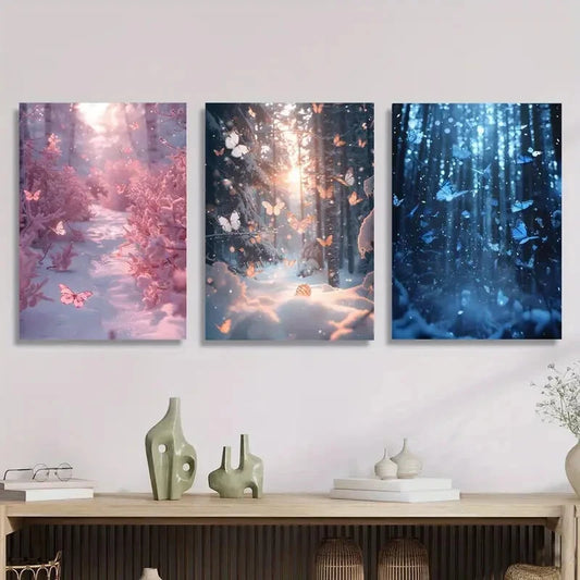 3pcs butterfly poster in the forest, blue and pink Metal Print Ready to Hang Art