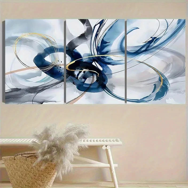 3pcs Blue and Golden Wave Wall Art Set Canvas Framed 60x90cm - High Quality Print 100% Australian Made Wall Canvas Ready to Hang - Bella Home Decor
