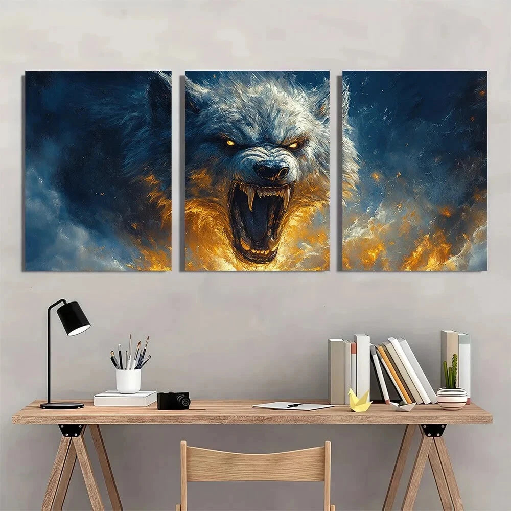 3pcs Halloween Werewolf Snarling Triptych Metal Print Ready to Hang Art - Bella Home Decor