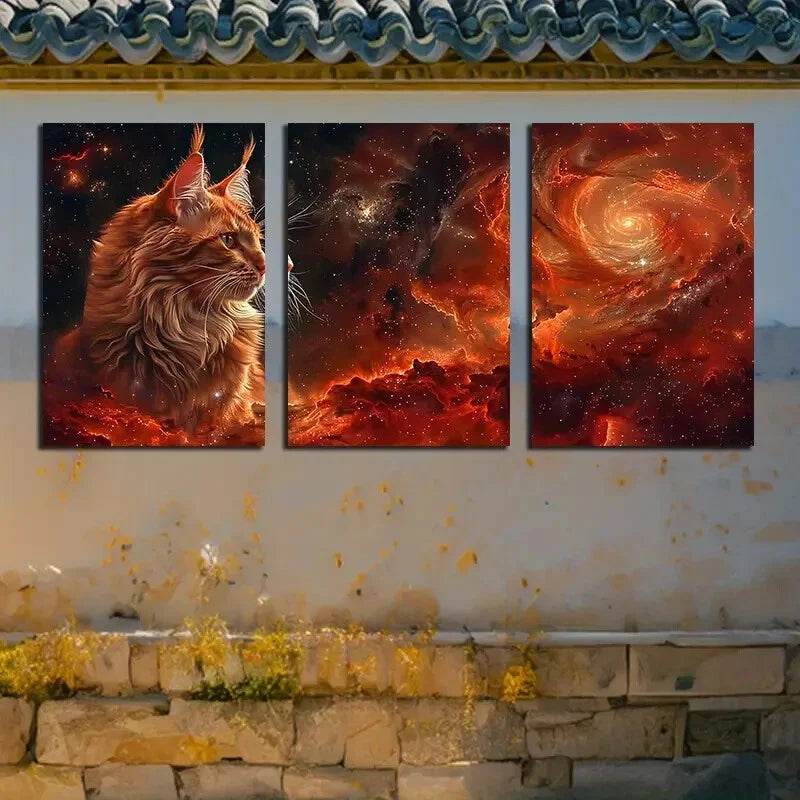 3pcs Cat and Cosmic Galaxy Space Themed Design Metal Print Ready to Hang Art - Bella Home Decor