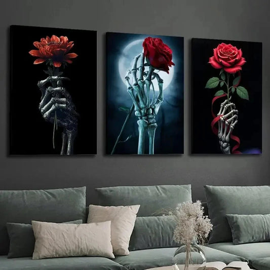 3pcs Gothic Skull and Red Rose Wall Art Set Canvas Framed 40x60cm - High Quality Print 100% Australian Made Wall Canvas Ready to Hang
