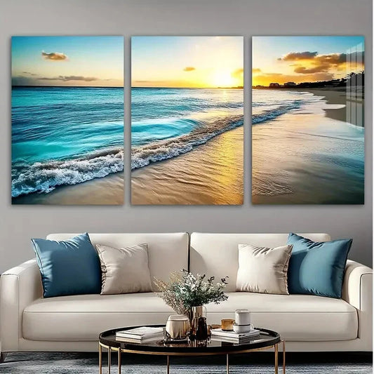 3pcs Nature Beach Scenery Sunset Metal Print Ready to Hang Art