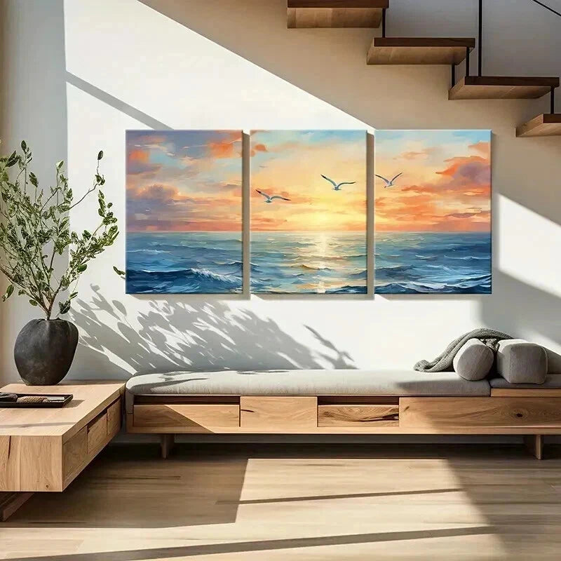 3pcs Ocean Landscape Sunset Waves & Seagulls Wall Art Set Canvas Framed 60x90cm - High Quality Print 100% Australian Made Wall Canvas Ready to Hang - Bella Home Decor