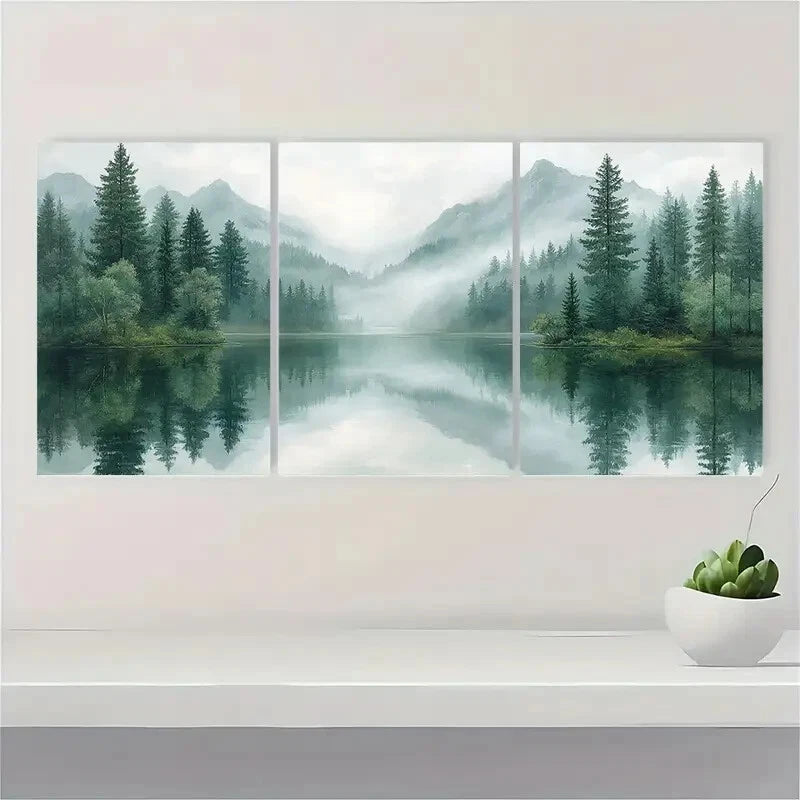 3pcs Pine Tree Forest Lake Landscape Minimalist Metal Print Ready to Hang Art - Bella Home Decor