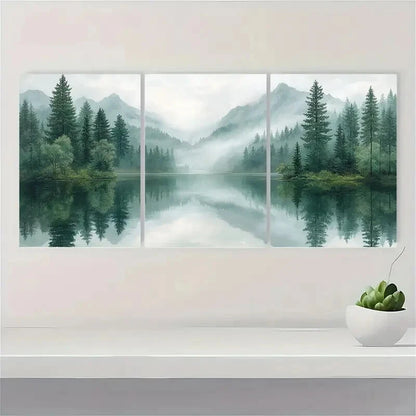 3pcs Pine Tree Forest Lake Landscape Minimalist Metal Print Ready to Hang Art - Bella Home Decor