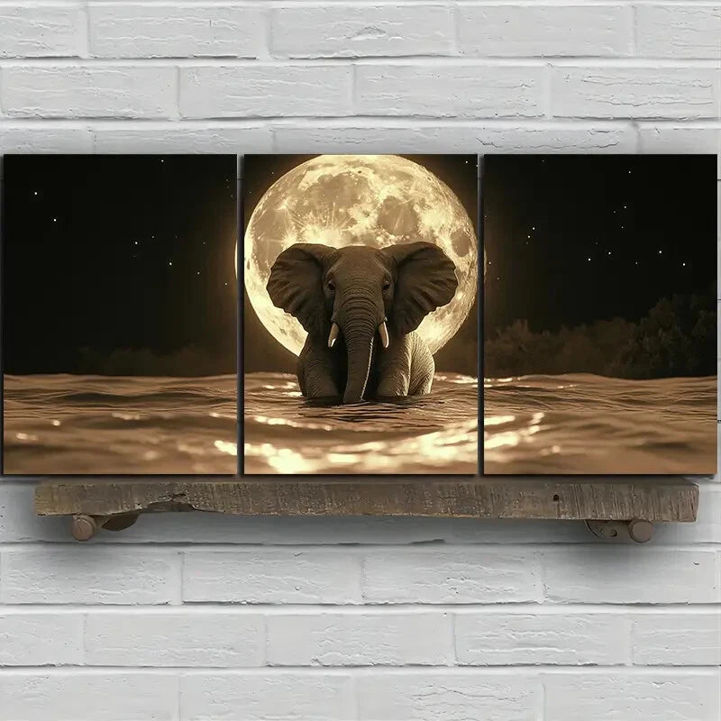 3pcs The Elephant Under The Moon Metal Print Ready to Hang Art - Bella Home Decor