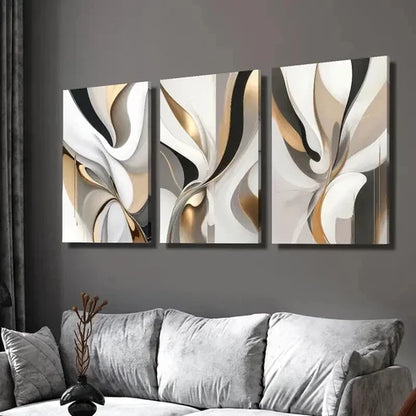 3pcs Gold and White Luxury Line Painting Wall Art Set Canvas Unframed - High Quality Print 100% Australian Made Wall Canvas - Bella Home Decor