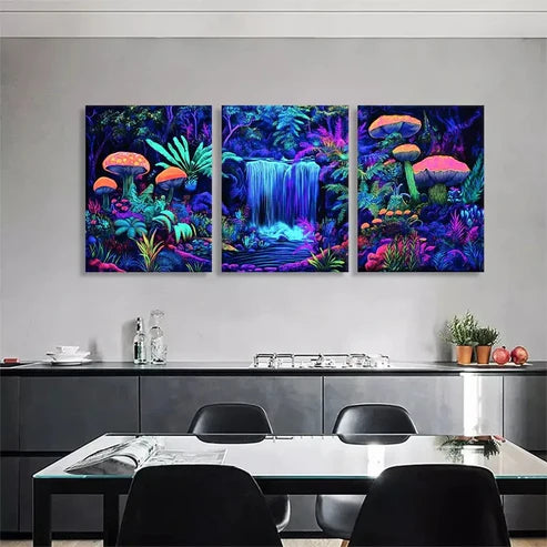 3pcs Neon Forest Waterfall Vibrant Wall Art Canvas Unframed - High Quality Print 100% Australian Made Wall Canvas