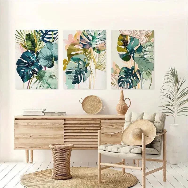 3pcs Watercolor Green Palm Leaf Wall Art Metal Print Ready to Hang Art - Bella Home Decor