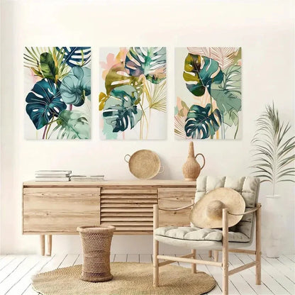 3pcs Watercolor Green Palm Leaf Wall Art Metal Print Ready to Hang Art - Bella Home Decor