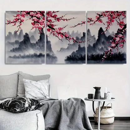 3pcs Misty Mountain Cherry Blossom Wall Art Set Canvas Framed 60x90cm - High Quality Print 100% Australian Made Wall Canvas Ready to Hang