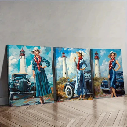 3pcs The girl by the old car Wall Art Set Canvas Unframed - High Quality Print 100% Australian Made Wall Canvas