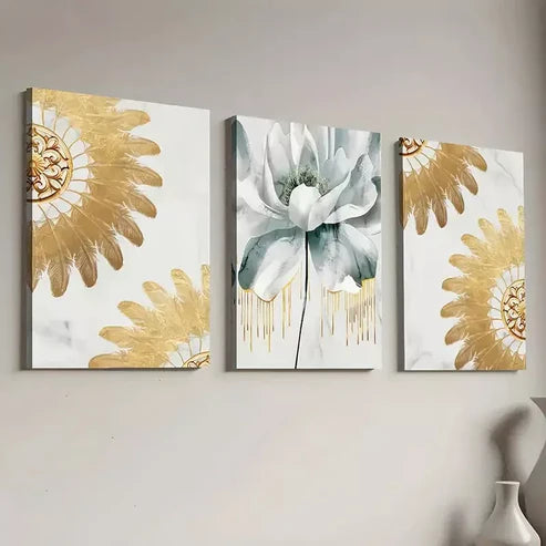 3pcs Elegant Golden Light Luxury Floral Canvas Unframed - High Quality Print 100% Australian Made Wall Canvas