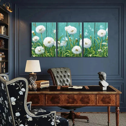 3pcs Dandelion Field White Fluff Turquoise Metal Print Ready to Hang Art - Bella Home Decor