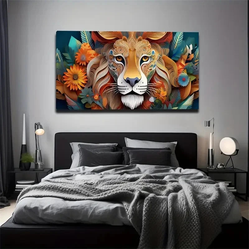 Bohemian Lion Wall Art Canvas Office Home Room Framed 120x60cm