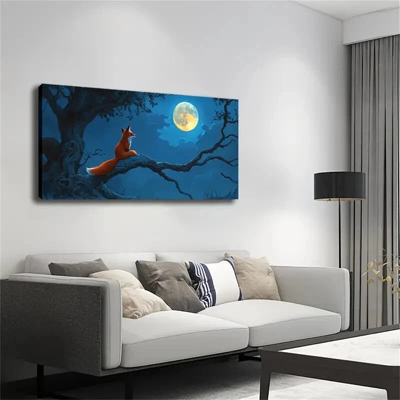 Red Fox Sitting Branch Moon Wall Art Canvas Office Home Room Framed 120x60cm - Bella Home Decor