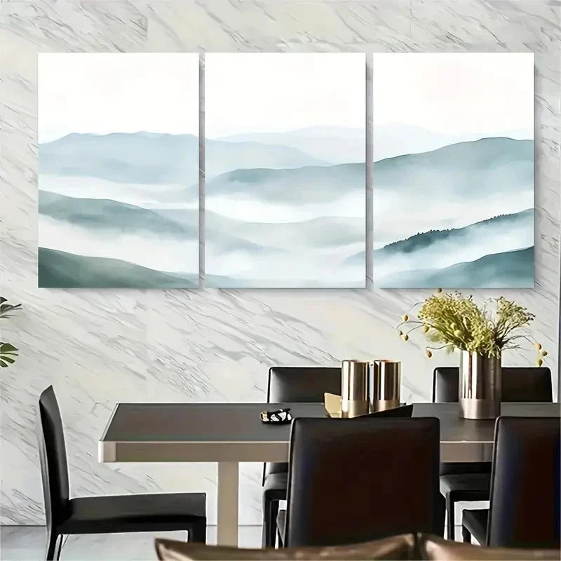 3pcs Misty Mountain Blue Landscape Metal Print Ready to Hang Art