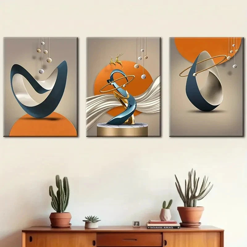 3pcs Abstract Navy Blue Golden Beige Metal Print Ready to Hang Art - Bella Home Decor