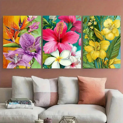 3pcs Colorful Florals with Leaves Illustration Wall Art Set Canvas Framed 60x90cm - High Quality Print 100% Australian Made Wall Canvas Ready to Hang - Bella Home Decor