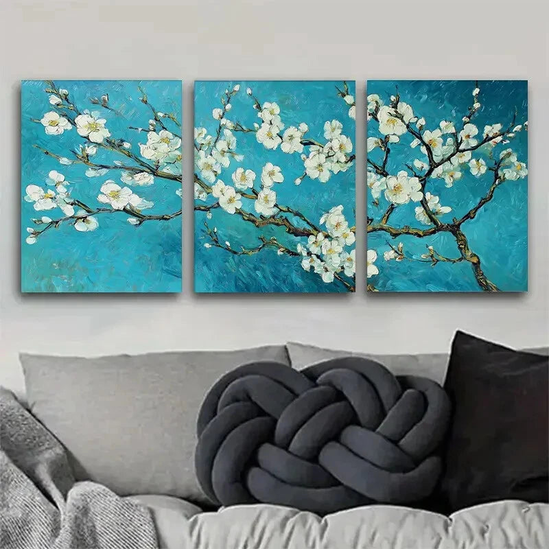 3pcs Vibrant Blue White Flowers Metal Print Ready to Hang Art - Bella Home Decor