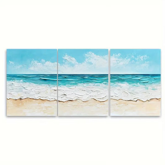 3pcs White Beach Abstract Seascape Metal Print Ready to Hang Art