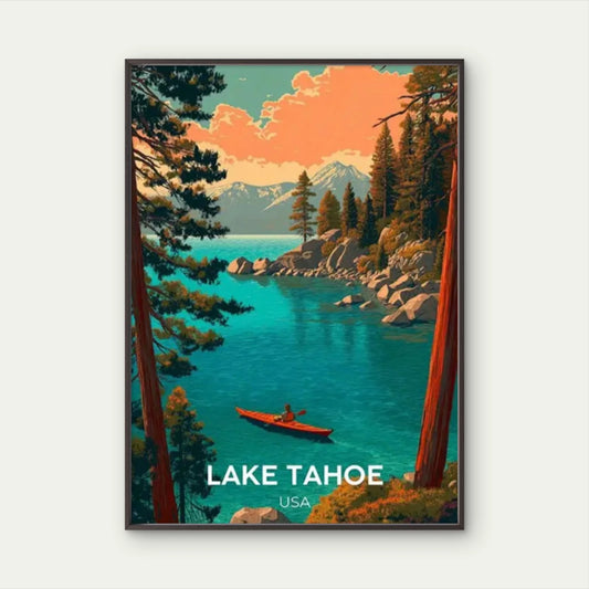 Lake Tahoe USA Snow-Capped Mountains & Pine Trees Travel Poster Print Wall Art