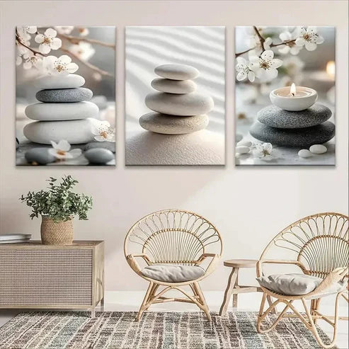 3pcs Zen Serene Floral & Stone Meditation Wall Art Canvas - High Quality Print 100% Australian Made Wall Canvas