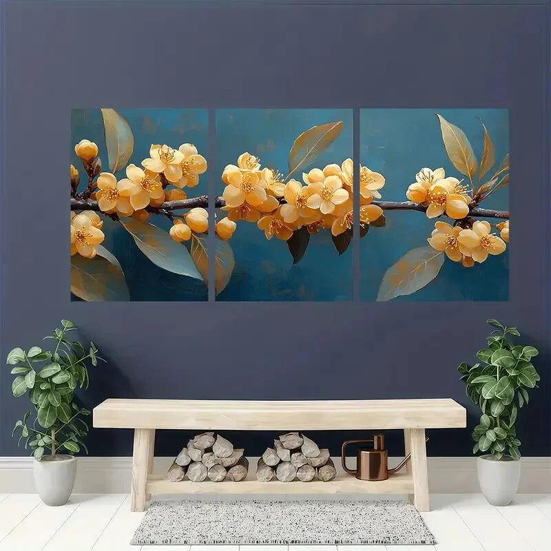 3pcs Mountain Yellow Laurel Flower Art Nature Metal Print Ready to Hang Art - Bella Home Decor