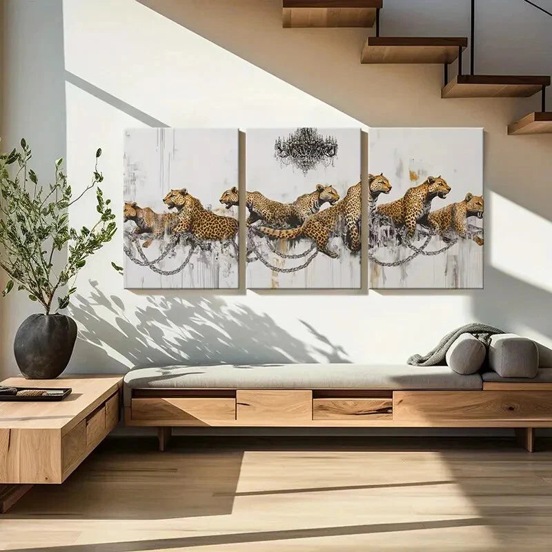 3pcs Leopard Chains Abstract Art Modern Design Metal Print Ready to Hang Art - Bella Home Decor