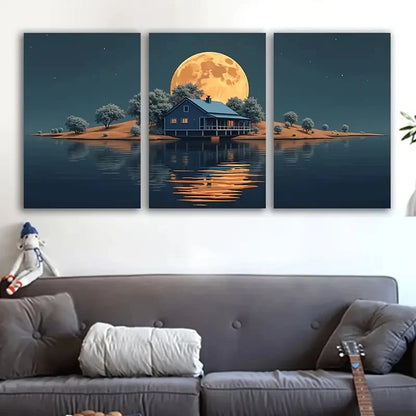 3pcs Moonlit House and Lake Night Scene Wall Art Set Canvas Framed 40x60cm - High Quality Print 100% Australian Made Wall Canvas Ready to Hang