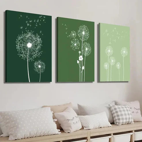 3pcs Dark & Light Green Dandelions Wall Art Set Canvas Unframed - High Quality Print 100% Australian Made Wall Canvas - Bella Home Decor