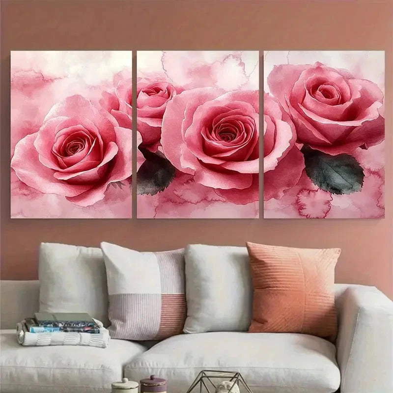 3pcs Blush Pink Roses Watercolor Abstract Design Metal Print Ready to Hang Art