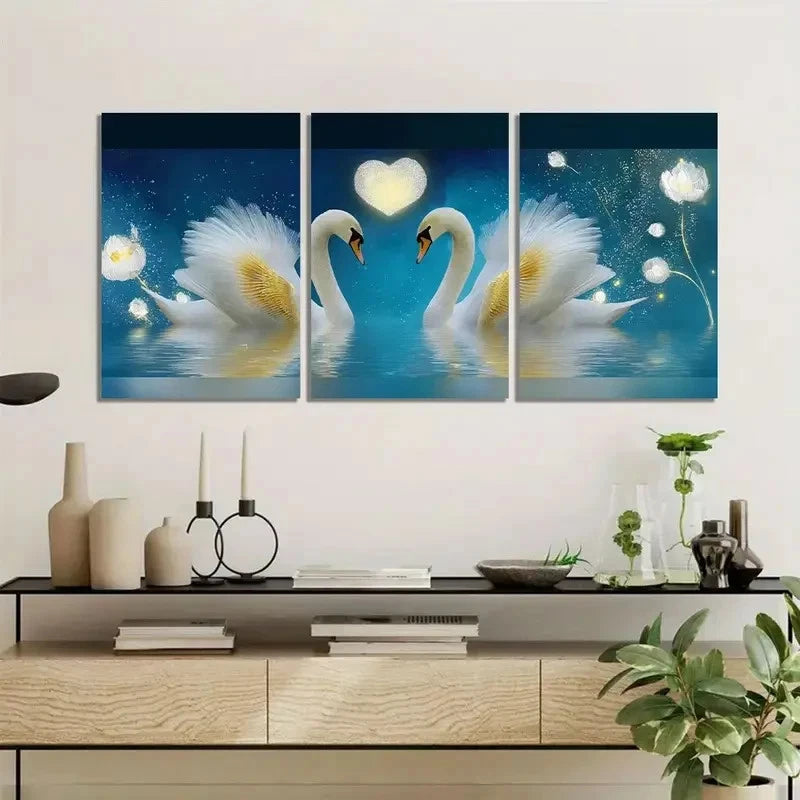 3pcs Dreamy Romantic Swans with Golden Wings Metal Print Ready to Hang Art - Bella Home Decor