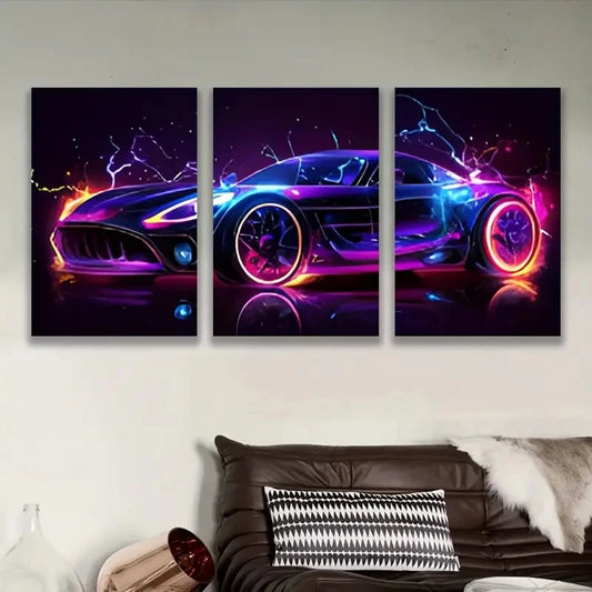 3pcs Neon Sports Car Artwork Wall Art Set Canvas Framed 60x90cm - High Quality Print 100% Australian Made Wall Canvas Ready to Hang