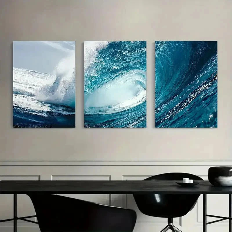 3pcs Blue Ocean Wave with White Foam Metal Print Ready to Hang Art - Bella Home Decor