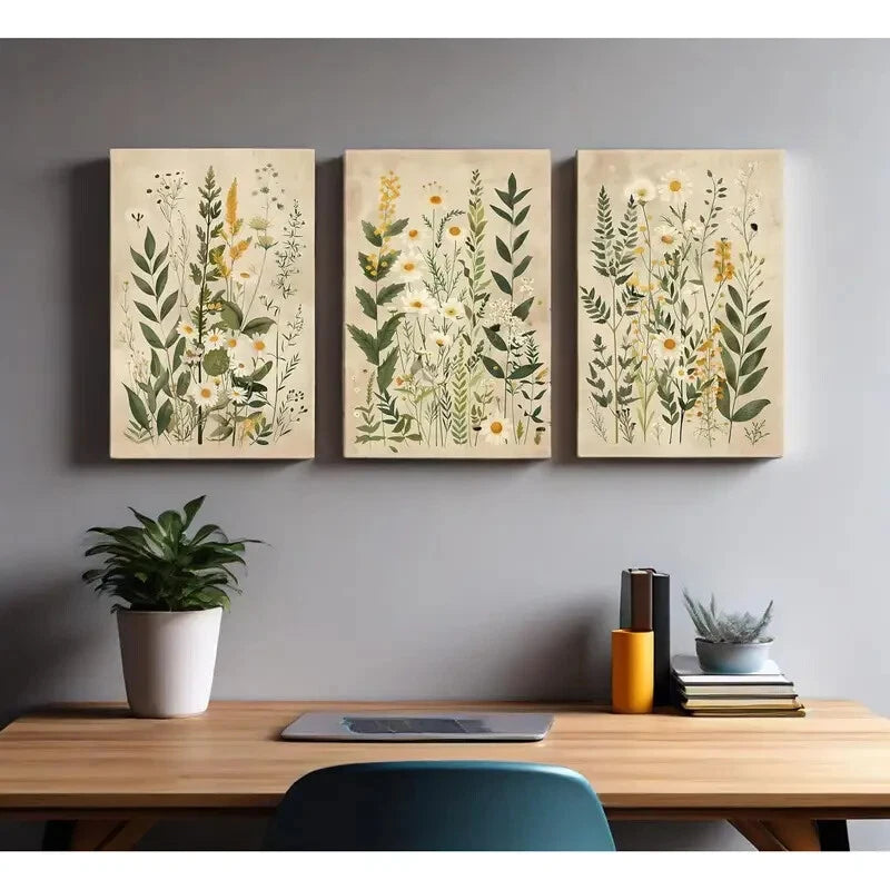 3pcs Vintage Wildflower Posters with Daisy & Sage Metal Print Ready to Hang Art