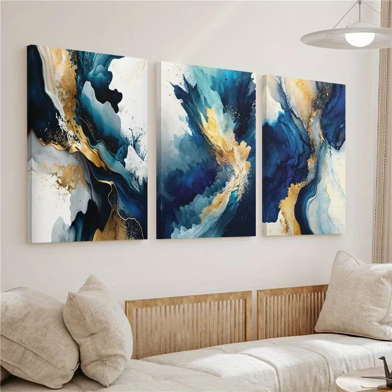 3pcs Blue Golden Abstract Ink Wall Art Set Canvas Framed 50x70cm - High Quality Print 100% Australian Made Wall Canvas Ready to Hang - Bella Home Decor