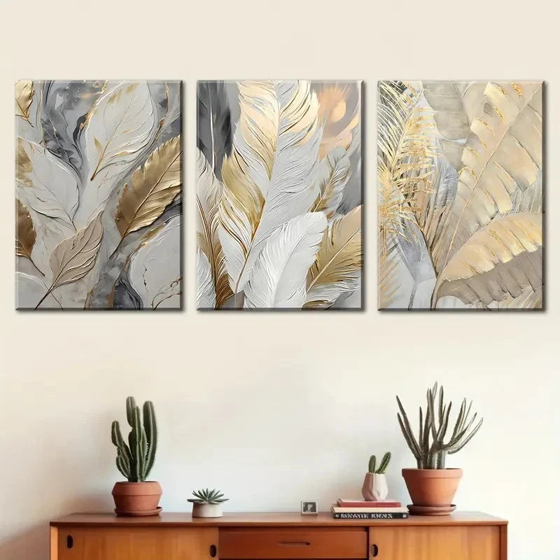 3pcs Golden Leaf Contemporary Style Metal Print Ready to Hang Art - Bella Home Decor