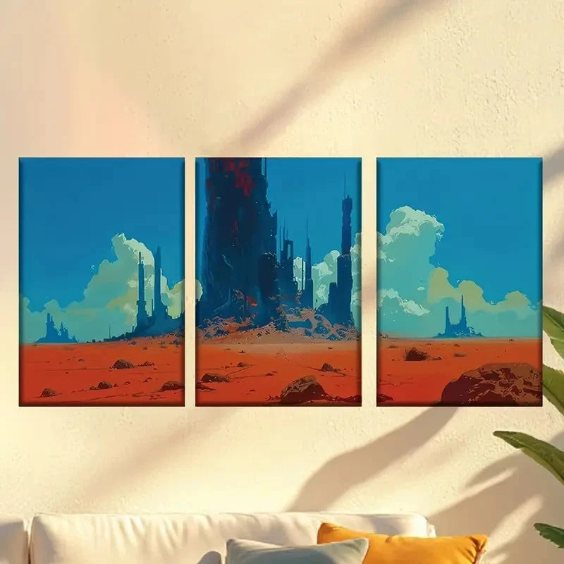 3pcs Vibrant Sci-Fi Cityscape Posters Wall Art Set Canvas Framed 50x70cm - High Quality Print 100% Australian Made Wall Canvas Ready to Hang