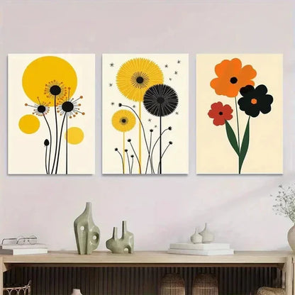 3pcs Modern Floral Vibrant Yellow, Orange & Red Wall Art Set Canvas Unframed - High Quality Print 100% Australian Made Wall Canvas