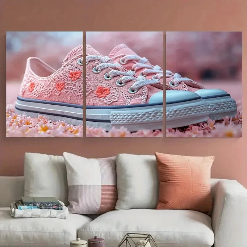3pcs Pink Coral Floral Trainer Sneakers Lace Love Metal Print Ready to Hang Art - Bella Home Decor