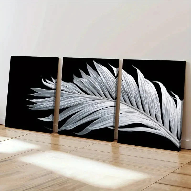3pcs Black And White Abstract Feather Decor  Wall Art Set Canvas Framed 60x90cm - High Quality Print 100% Australian Made Wall Canvas Ready to Hang - Bella Home Decor