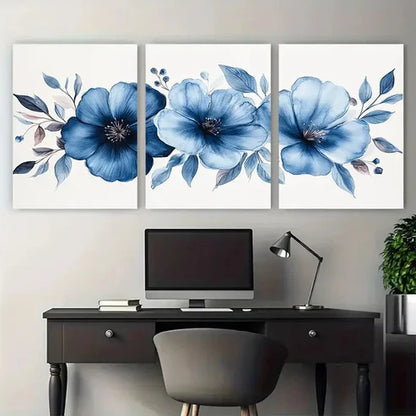 3pcs Elegant Blue Floral Watercolor Design  Wall Art Set Canvas Unframed - High Quality Print 100% Australian Made Wall Canvas
