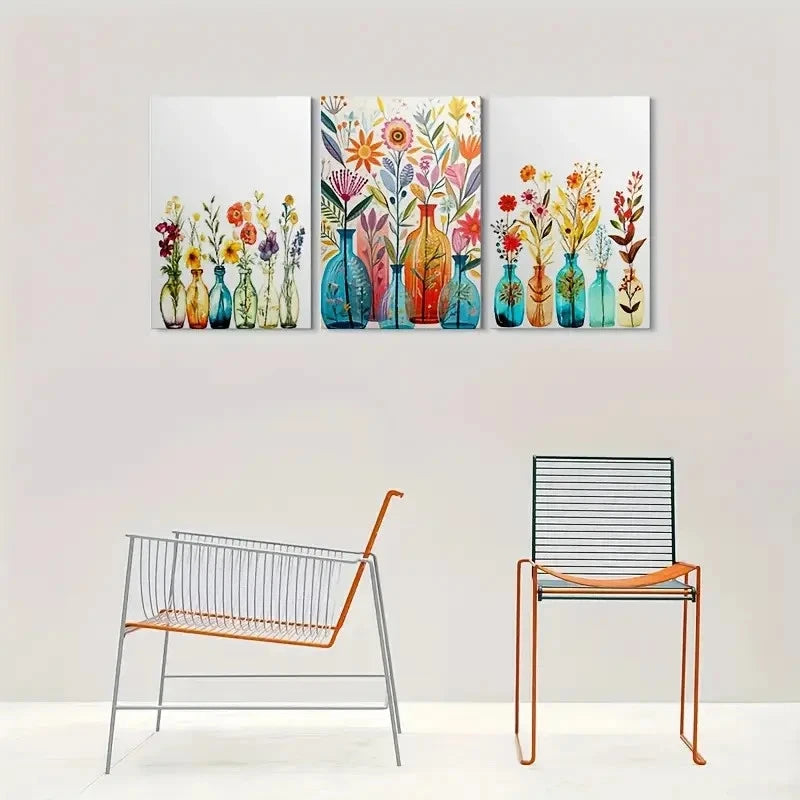 3pcs Colorful Decor with Vases and Flowers Metal Print Ready to Hang Art - Bella Home Decor