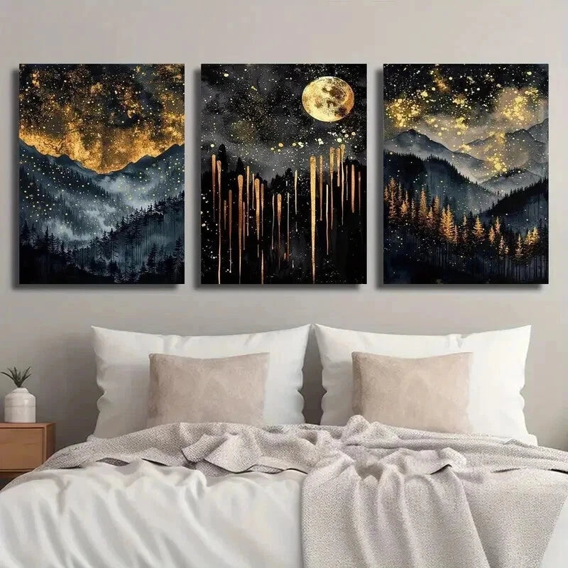 3pcs Abstract Starry Celestial Sky Black Perfect Wall Art Set Canvas Framed 50x70cm - High Quality Print 100% Australian Made Wall Canvas Ready to Hang - Bella Home Decor